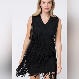 Regular & Plus Size Suede Fringed Vneck Dress - Black